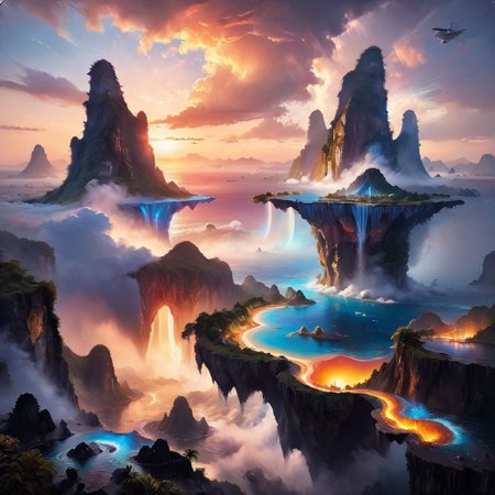 (masterpiece:1.4), (colourful, soft cinematic light:1.1), incredibly lifelike, Extremely high-resolution details, 8k, best quality, extremely detailed, contrast,
(top view), (flying separately paradise islands  fly in outer space), waterfall, floating 
separately tropical island, (oil paint, oil art,) cloud, sunset, mountains, rainbow, haze,