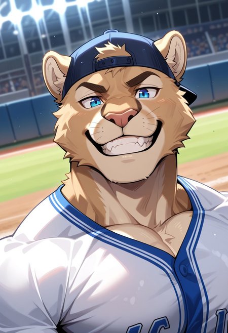 yaco puma, solo, furry, cougar, perfect eyes, perfect face, grin, brown fur, tail, blue eyes, muscular, athletic build, large pectorals, dynamic angle, upper body, face focus, portrait, baseball uniform, sportswear, backwards cap,  unparalleled masterpiece, best quality, amazing quality, very aesthetic, high resolution, 4K, extremely-detailed, depth of field, high sharpness, newest, scenery, detailed fur, detailed muscles, cinematic lighting, semi-realistic, <lora:YacoPumav1:1>