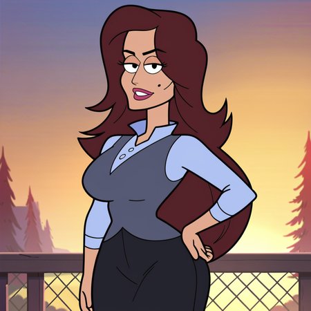 score_9, score_8_up, score_7_up, 1girl, brown hair, long hair, mole under eye, dark-skinned female, makeup, large breasts, narrow waist, wide hips, looking at viewer, hand on own hip, highres, high quality, masterpiece, <lora:Shandra_Jimenez:1>