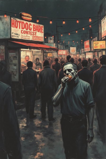 apoca1 illustration. 
A sad man eating at a hotdog contest. <lora:apocalypse_now4_nocap_d4a2:1.0><lora:803186883526991286:0>