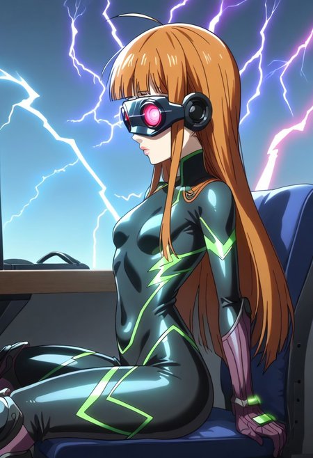 score_9, score_8_up, 1girl, Sakura Futaba, <lora:futaba.pony:0.8> futaba, navi, source_anime, anime screencap, anime coloring, 2d, Expressiveh, beautiful orange hair, blunt bangs, long hair, perfect shiny hair, full lips, ultra-detailed eyes, beautiful eyes, beautiful feminine face, perfect face, beautiful skin details, perfect slender proportions, ultra-narrow, waist, ultra-flared hips, perfect ultra-tight ass, thin tighs, shapely legs, small breasts, skindentation, bodysuit, impossible clothes, gloves, boots, googles, head mounted disoplay, bw-chair, (pink light effects, lightning aura, pink lightning, lightning arcs: 1.7), indoors, detailed background, flat room, tokyo appartment, unlit dark room, sitting on chair, gaming chair, red chair, arched back, agony of pleasure, viewed from above, zPDXL2