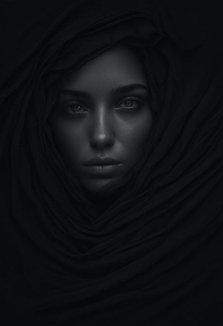 minimalist black background, exquisite, The woman's face emerges, her eyes tell a story of numbness, partially covered by flowing fabric, ultra-realistic precision, detailed high resolution, tranquil aura, a realm of calm, beautiful minimalist abstraction, human psyche.