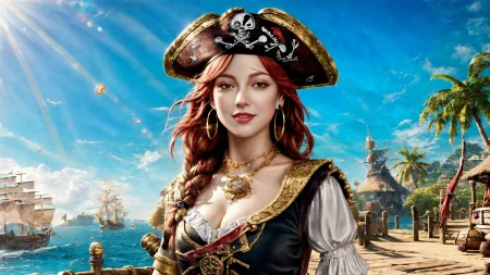 (young redhead pirate woman), (portrait), (parrot:1.2), sharp focus, (ultradetailed), (standing), (happy) smile, pirate (ship galleon:1.2,  hoop earrings, gold medallion, Light Pinkpirate clothes, pirate hat, hips,   pirate (village), leafy beach coast, (treasure chest with coins, gems and jewels:1.2), (rum barrel), best quality masterpiece,  bright sunny sky, backlight, natural lights, high contrast, hdr, shadows, pretty, beautiful, feminine, sexy, adorable, lovely, in love, (PirateDiffusionprt:0.5),  <lora:Pirate:0.3>  PrateT  <lora:PirateRealms:0.3> <lora:Detail Tweaker LoRA add_detail:0.8> <lora:depth_of_field_slider_v1:5> <lora:SDXLrender_v2.0:0.9>