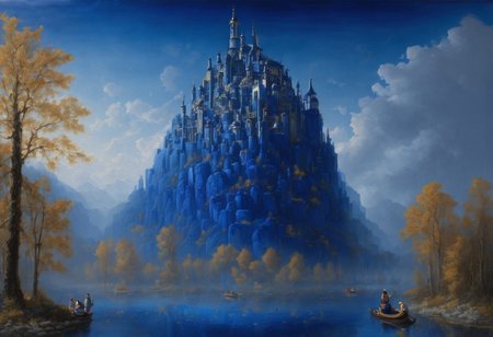 <lora:parrishstyle:0.9> (absurdres, masterpiece, biggest quality) award winning painting of a floating castle in the air, epic composition, detailed, parts made of deep blue crystal,  intricate, the greatest painting ever