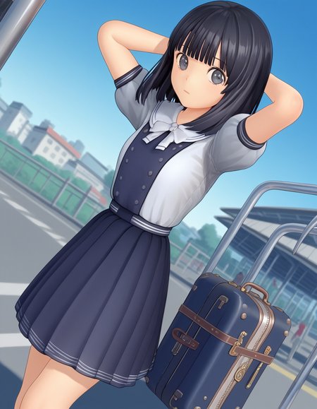 score_9, score_8_up, score_7_up, source_anime, <lora:rinze-himenogi-ingame-ponyxl-lora-nochekaiser:1>, rinze himenogi, bangs, black hair, blunt bangs, black eyes, 3d, skirt, dress, school uniform, short sleeves, puffy sleeves, black dress,, train station, waiting for train, suitcase, traveling, commute, city skyline, hands behind back,, , looking at viewer, hands behind head,, solo,, dutch angle,