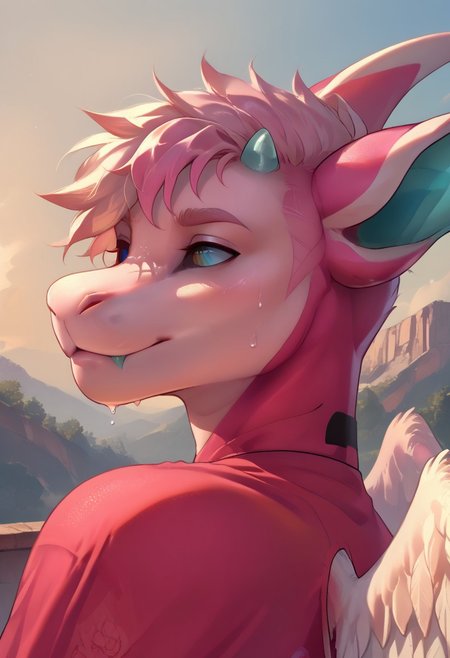 score_9, score_8_up, score_7_up, (by shinodage), outdoor, sexy, sweat, dutch angle, looking aside, high quality, hires, solo, anthro, furry, detailed background, detailed eyes, emotional, easynegative, Split Lighting style,
lumi_senpaiithon, dragon, horns, pink body, anthro, hair, blue tongue, 1boy, heterochromia, smile, colored sclera, black sclera, pink skin, male focus, wings