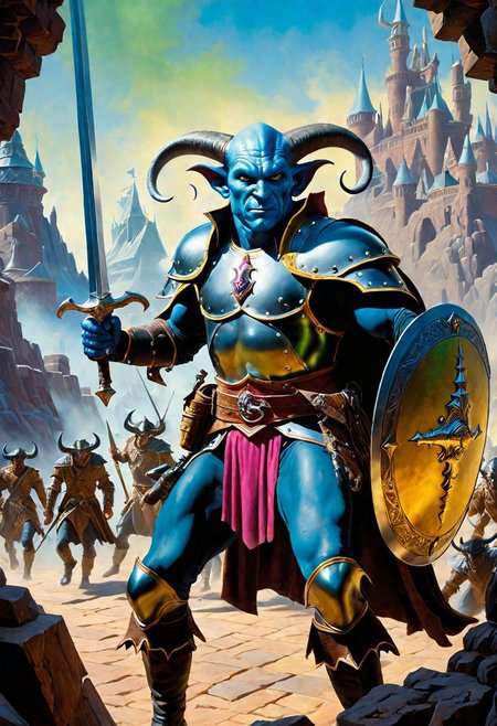 A hyperrealistic 8k photograph was captured by Sid Avery's Hasselblad camera, depicting close-up a handsome+ Tiefling shield bearer with pink+++ skin and slender build during a battle+++, surrounded by goblins++, He has a bald head, neon yellow eyes, calm++ and handsome+ and detailed face, cold smile++, mysterious and ominous aura of dark shadows enveloping the figure, Lovecraftian Horror-themed, in the artistic style of Boris Vallejo, Shadows casting an uncanny atmosphere, hints of eldritch dark energy crackling, He is dressed in a musketeer outfit, high details and era-appropriate, He is wielding a magically radiating+ Backsword+ in the right hand, and he is holding a steel shield+++ in the left hand, Backdrop (background) of a focused scene of a battle with goblins next to a crystal palace, Mysterious composition, imbued with a dark, ambient 3d warm studio backlight.