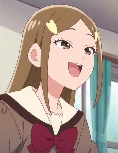 score_9, score_8_up, score_7_up, anime screencap, solo,1girl,kitzunezaki,  school uniform, hair ornament, open mouth, hairclip, smile,  :d, serafuku, bow <lora:kitsunezaki:0.8>