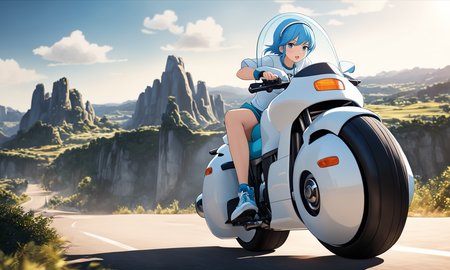 cartoon of woman riding large round motorcycle with a windshield,   best quality, highly detailed, bokeh, blue hair, cool sneakers,  <lora:cap9motosdxl:0.8>, beautiful landscape, cinematic lighting, photorealistic, cap9motosdxl, anime, bulma, vibrant colors,