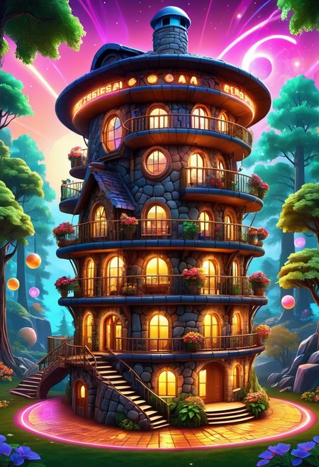 Disco-themed, high quality, masterpiece, forest scene, cute 3 storey stone round house, lots of windows, chimneys, flowers at the front, night time <lora:extremely_detailed:0.4> extremely detailed   <lora:BorkStyle:0.8> Jed-brk  <lora:CS3:0.8> Cyberspace, Digital Cyberspace theme, ((created by glowing magical energy in cyberspace)) , Vibrant, groovy, retro 70s style, shiny disco balls, neon lights, dance floor, highly detailed