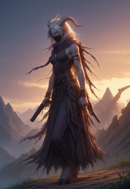 (absurdres, best quality, masterpiece:1.4), score_9, score_8_up, score_7_up, score_6_up, detailed, detailed body, detailed face, world of warcraft, fantasy, <lora:add-detail-xl:1.5>, 

fFaceDetail, SkinDetail, ((female, draenei, tall, athletic arms, pale white skin, smooth skin, long white hair, purple eyes, no pupil, no sclera, long white tail), (h0rns, ram horns, white horns), 
(long fingers, purple fingernails, purple nail polish)), 

(long loose purple dress, simple armlet, black facemask, purple silk scarf), GunMonk, shotgun, holding shotgun,

full body, side view

outdoor, evening, mountains,