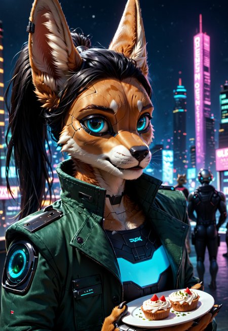score_9, score_8_up, score_7_up, score_6_up, photorealistic, epiCPhotoGasm-colorfulPhoto, Realistic, highres, super high resolution, 8k, photo, furry, Furry, anthro, fur, male, fennec, brown fur, implanted eyes, robot face, robot face, he has silver plate on the head,  implanted forehead, blue glowing eyes, metal head, silver forehead, metal eyes, sad, long black hair gathered in a long ponytail, ponytail, the sides of the head are clean-shaven, black hair, metallic head, silver thin helmet, metal face, he has implanted face, close-up, long dark green thick coat, green coat,  black leather shirt, black tight pants, long black hair, implants, implant eye, robot, furry,  cyberpunk, night, cyber city, cyberpunk city, metallic eyes, metallic fur, robot, thin body, night, city, cyberpunk city, cyberpunk, realistic, detailed, detailed fur,  he holding the hand of the viewer, holding viewer hand,