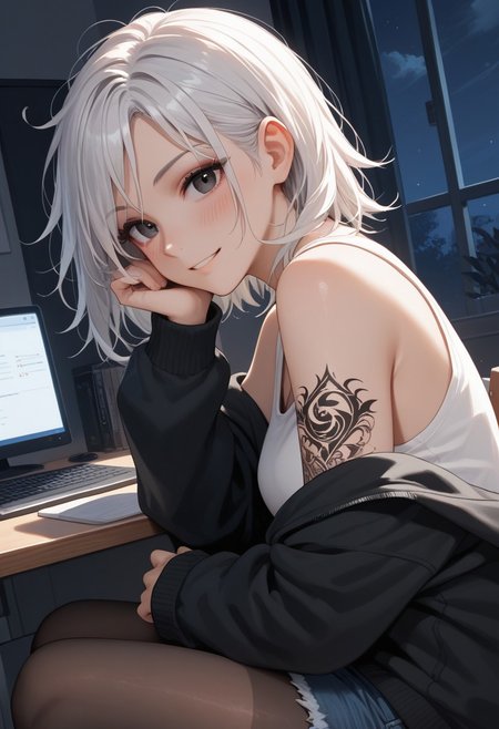score_9, score_8_up, score_7_up, 26 years old,, zPDXL3, 1girl, solo, medium breasts, white hair,  (from side),
(face focus, close-up:1.4), eyeshadow, tattoo on arm, 
black eyes, medium hair, messy hair, dutch angle, chair, (white tanktop, black hoodie,  bare shoulders), denim shorts, pantyhose, indoors, computer desk, sitting behind desk, night, desk light,  relaxed, bedroom, (smile, happy:0.8), blush, looking at viewer,