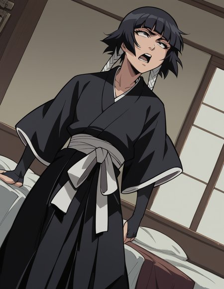 score_9, score_8_up, score_7_up, source_anime, <lora:soifon-anime-ponyxl-lora-nochekaiser:1>, soifon, short hair, bangs, black hair, short hair with long locks, black eyes,, gloves, japanese clothes, elbow gloves, hakama, black hakama, haori, black kimono, long sleeves, wide sleeves, black sleeves,, bedroom, alarm clock, morning routine, yawning, stretching, on bed,, , , foot crossed over, hand behind back, knee bent, solo,, cowboy shot, dutch angle
