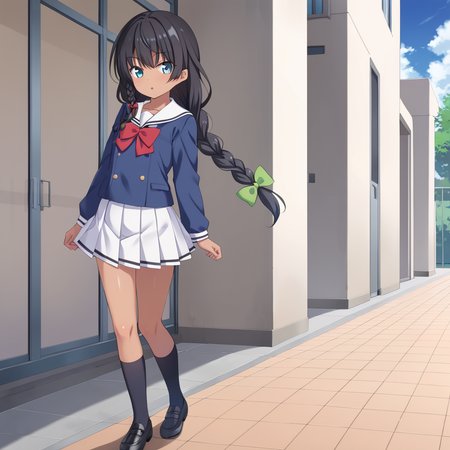 outdoors,  <lora:taiga_sengoku_pony:0.8> taiga_sengoku, flat_chest, dark_skin, long_hair, black_hair, single_braid, green_bow, hair_bow, blue_eyes, school_uniform, white_sailor_collar, blue_jacket, long_sleeves, red_bow, pleated_skirt, white_skirt, black_socks, black_footwear, walking