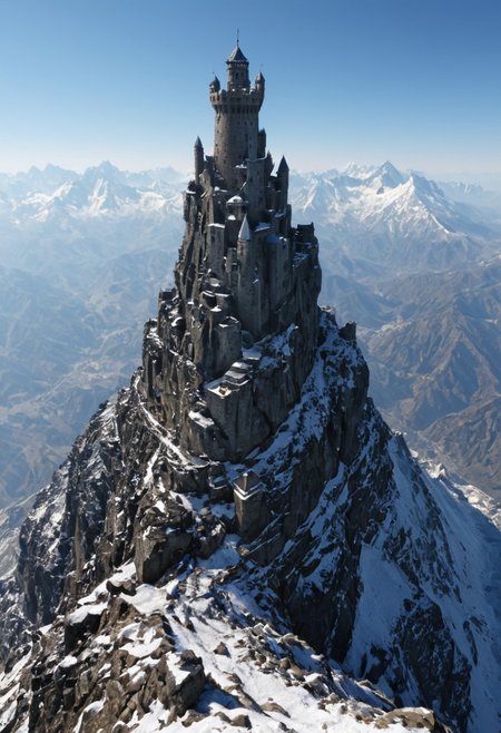 <lora:TheWeirdies_epoch_10:0.55>  , advntr , epiCPhotoGasm-colorfulPhoto, 
score_9, score_8_up, score_7_up, score_6_up
Durlag's Tower was  hollowed out the mountain for the rock that made up his tower and used the space created to hide further treasure. This local landmark was the isolated keep of within the remains of the tower and used the defenses created by Durlag to keep both itself and the treasure safe. Some claimed that this creature was a lich.
no humans
(Tower fortress high on the highest peak of the highest mountain with all other sharp and snowing peaks far below . The tower looks out over a side vista of the tops of countless mountains in a huge range like the Himalayas, snow and frost cover every surface. ) ((maximum detail, supreme quality, 4k, best clarity))