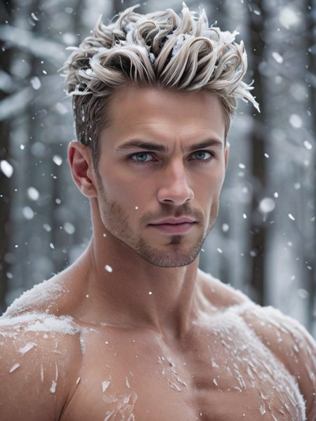 male focus,muscular,abs, A (muscular guy) with (intricate glass-shaped hair), amidst a (snow forest), ((snowflakes glistening like diamonds)), (((beautiful detailed glow from ice crystals)), rim light), tranquil, winter wonder.