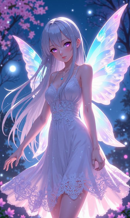 Ethereal anime girl with long, flowing silver hair and iridescent butterfly wings, wearing a delicate white dress adorned with intricate lace patterns. Large, expressive violet eyes reflecting starlight, framed by long eyelashes. Soft pastel color palette with hints of lavender and mint. Surrounded by glowing fireflies and shimmering cherry blossoms in a moonlit forest clearing. Dreamy atmosphere with subtle lens flares and bokeh effects. Masterpiece, best quality, highly detailed, studio quality lighting, soft ambient glow. Magical girl aesthetic, cel-shaded style, with hints of Studio Ghibli influence. <lora:Hand v2:0.3> <lora:FluxMythV2:0.3> <lora:Let_It_Blaze_in_Crimson_anime_v1.0:0.2> <lora:flux_dev:1>