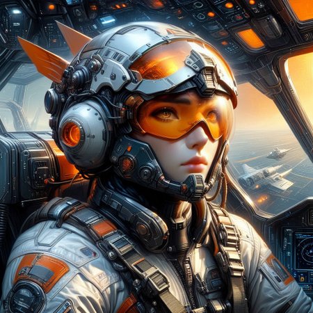 score_9, score_8_up, score_7_up, FFROA, a sci fi pilot, Orange Visor Over Eyes, epic sci fi armor, detailed cockpit background, semi realistic digital art
