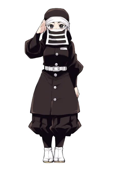 c-kakushi, black headwear, mouth mask, black uniform, white belt, black pants, tabi, zouri,
