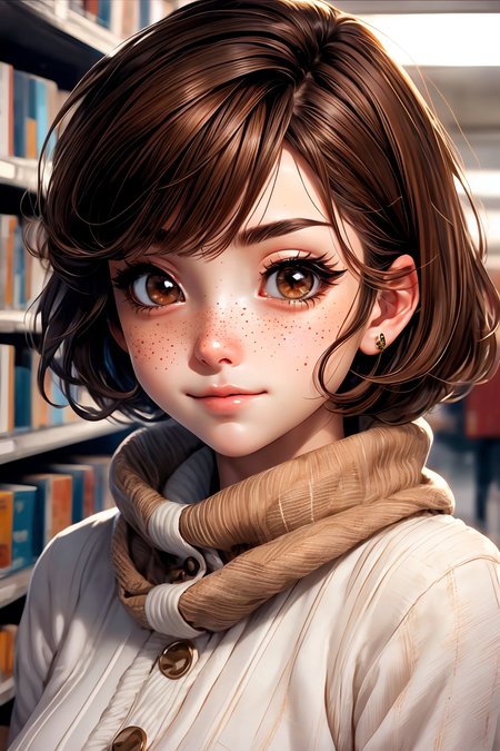 closeup, face, portrait, upper body, 
freckles, 
shy, blush, 
(short brown hair:1.1), 
(library:1.1), 
(brown eyes:1.4), 
cozy, detailed eyes, winter sweater, 
<lora:more_details:0.35>
 <lora:Cosmic anime-oil fusion v2:0.35> 
<lora:AnimeVibesV3:0.5> animevibes, 
<lora:3DMM_V11:0.6> 3DMM 
<lora:midjourney_20230624181825:0.4> midjourney, shiny, shiny hair, shiny skin, shiny clothes