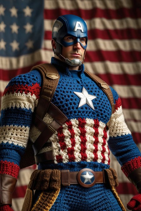 <lora:Sacha Goldberger Style:1>, <lora:CROCHETED:1> CROCHETED, Sacha Goldberger Style -High-resolution photographic image of Captain America, solely in a crocheted outfit, showcasing intricate textures and patterns. Cinematic lighting highlights his high-end, wide, flowing attire. Captain America gazes directly at the camera with sharp, intense eyes. The image is photorealistic and ultra-detailed, rendered in 8k. Captain America stands on a San Diego Comic Con stage with a large American flag in the background, the atmosphere is vibrant and lively. (Comic Action Pose:1.3), (Dynamic Camera Angle:1.3),