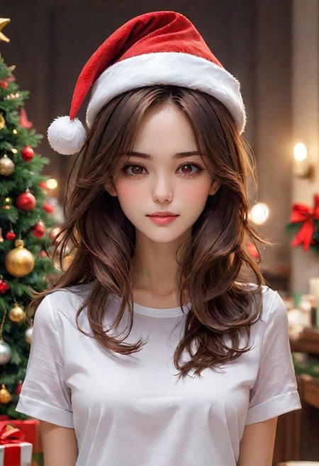 (masterpiece), 
1girl,
christmas hat,
white shirt,
brown hair,, floating hair, 
upper body shot, 
HDR, highly detailed, 32k, 
(sexy) mood, 
perfect face feature,