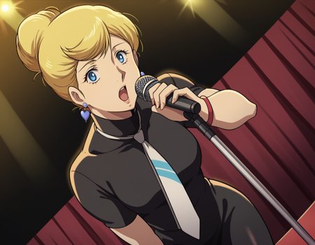score_9, score_8_up, score_7_up, source_anime,
crowleyhamon, <lora:crowley-hamon-ova-ponyxl-lora-nochekaiser:0.7>,
crowley hamon, medium hair, blonde hair, blue eyes, hair over shoulder,
dress, jewelry, heart, pantyhose, earrings, necktie, hair bun, single hair bun, black dress, turtleneck, short sleeves,
stage, stage lights, microphone, microphone stand, singing, bent over, open mouth,
looking at viewer, cowboy shot, solo, dutch angle,