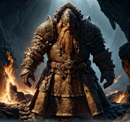 RAW photo, (masterpiece:1.3), subsurface scattering, heavy shadow, (high quality:1.4), (intricate, high detail:1.2), professional photography, HDR, High Dynamic Range, realistic, ultra realistic, photorealistic, high resolution, film photography, ambient lighting, atmospheric effects, <lora:detail_slider_v4:2>, OverallDetail, a dwarven warrior in intricate armor, on a stone (bridge) in underground cave, lava, fire, dwarven mine, Moria,  <lora:Bridge:0.66>, dwarfwarrior, <lora:DwarfWarrior:0.5>, looking at viewer, epiCPhoto