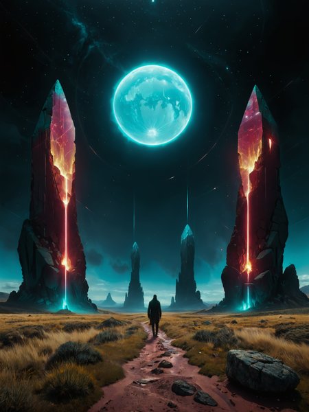 <lora:more_artful-xl:0.8> <lora:add-detail-xl:2.4> <lora:style-matte_black_contrast-xl-v3-by_tijuanaslumlord:0.6> <lora:style-glowing_neon-xl-by_cybernella:0.8> <lora:envybetterhiresfixxl01-xl:0.0:hr=1.0> (vertical symmetry:1.4), vntblk, movie poster art, [night, stonehenge, (moon:0.6), intricately flowing light strands:famous artwork by (maurice sapiro:1.3) and (raphael:1.3), (artifact:1.3), ominous dark (cryptic and sublime:1.2) landscape with towering (obelisks:1.5) standing in a straight line, glowing ornate lovecraftian artifact, jagged rock formations, night sky, mysterious, ethereal, deserted, dark corners, (teal:1.4), (burgundy:1.2), (aubergine:0.8), (anthrazit grey:1.2):14], ultra detailed