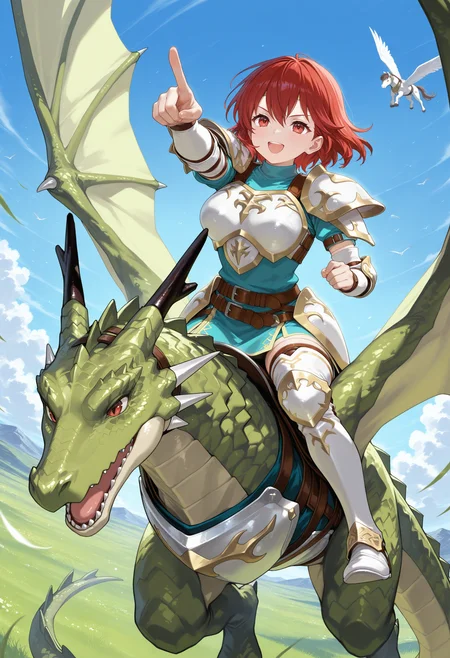 SmoothNoob_Quality,masterpiece,sky,flying,full body,1girl,1other,solo,large breasts BREAK wyvern rider,dragon riding,knight,green dragon,flying,breastplate,open mouth,shoulder armor,pegasus knight uniform \(fire emblem\),<lora:wyvern rider-NAI:1>,<lora:NOOB_vp1_detailer_by_volnovik_v1:1>,smile,open mouth,pointing,