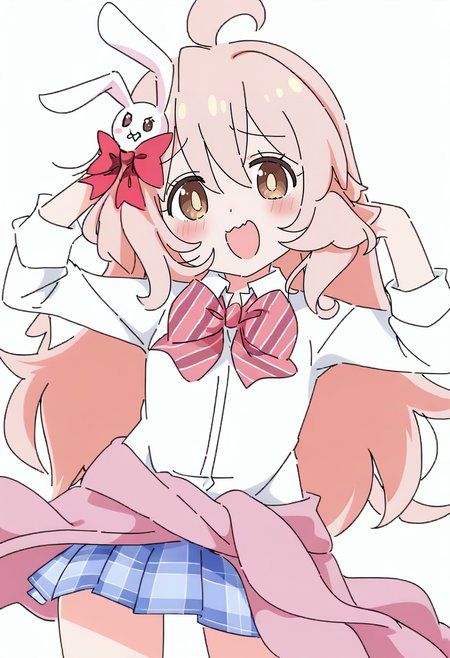 1girl, solo, long hair, pink hair, skirt, ahoge, white background, bow, simple background, hair ornament, blush, shirt, plaid, plaid skirt, white pupils, pink bow, looking at viewer, white shirt, bright pupils, blue skirt, open mouth, clothes around waist, school uniform, hair bow, striped, red bow, hair between eyes, brown eyes, bowtie, pleated skirt, smile, striped bow, rabbit hair ornament <lora:ixyXL_NBVP1_lokr_V6311PZ:0.95>