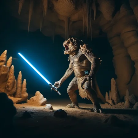 cinematic photo a full body portrait monster, claws, sharp teeth, cave, chains, a jedi with an energy saber  <lora:Rancor1024:0.8> . 35mm photograph, film, bokeh, professional, 4k, highly detailed