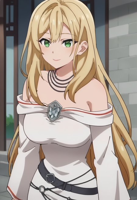 <lora:Lyra:0.9> Lyra, 1girl, green eyes, blonde hair, solo, jewelry,  long hair,  large breasts,hair between eyes,   white dress, bare shoulders, necklace, off-shoulder dress, long sleeves, belt  , looking at viewer, smile, score_9, score_7_up,anime coloring ,source_anime, anime, anime screencap