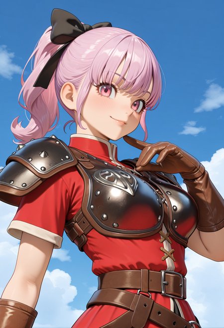 masterpiece, best quality, very aesthetic, absurdres, 1girl, solo,
 <lora:dqh2_teresa_v01:0.8>, dqh2_teresa, teresa_aurora_costume, pink hair, ponytail, pink eyes,
hair bow, shoulder armor, breastplate, red dress, short sleeves, brown gloves, leather gloves, belt, skirt, (smile:0.7), posing, upper body