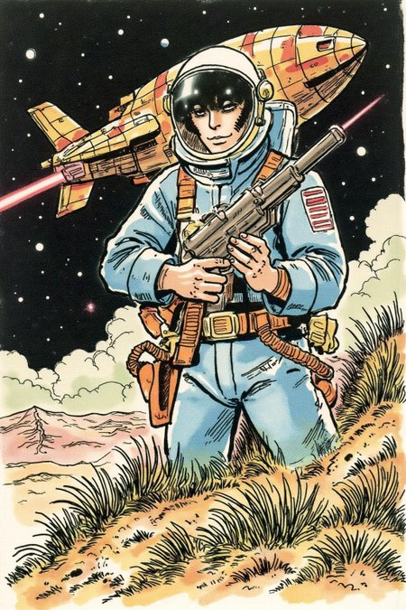 hugop1 illustration. A serene astronaut, holding a retro laser pistol, standing on an alien planet.  A ancient spaceship is in the background. <lora:hugop1_cap_d6a3e12:0.9><lora:824415300553430659:0>
