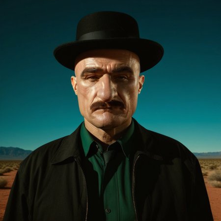 cinematic film still, saturated colors,  negative space, 
1 adult man, 
(breaking bad style), 
face of Walter White, 
 hat, moustache sunshades, 
realmcvillager, bald head, humanoid, bald head, unibrow, big nose,
leading lines, 
backdrop is CityBG_SDXL