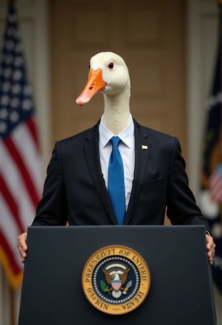 A white goose dressed like the President of the United States, wearing a black suit with a blue tie, standing at a podium delivering a speech, the podium has the Seal of the President of the United States, Goose Photo Bomb