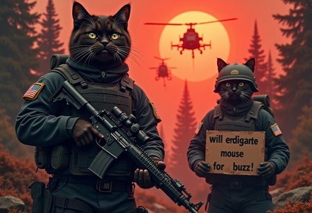 a realistic poster about rat invasion into a cat world, A realistic picture of aquad cat army operator standing  ready for battle,  one of them holding a cardboard sign that reads "will eradicate mouse for buzz!". the other Black cat operator standing holding assault rifle, with modern army black tactical suit, Overhead shot of the iconic black Grumpy Cat reimagined as a battle-hardened American on prone in the ruined city in . Orange Cat, dressed in rugged military gear with a tactical helmet with open mouth shouting "For buzz!!" , holds a modern sniper rifle with a determined yet perpetually unimpressed expression. The ruined city after war around him is dark and foreboding, with thick foliage, towering ruined building after heavy war, and a misty atmosphere that hints at the dangers lurking within. In the background, black hawk helicopter soar above the treetops, their silhouettes barely visible through the smoky, war-torn red sky at Sunset. mouth is wide open, clearly shouting: