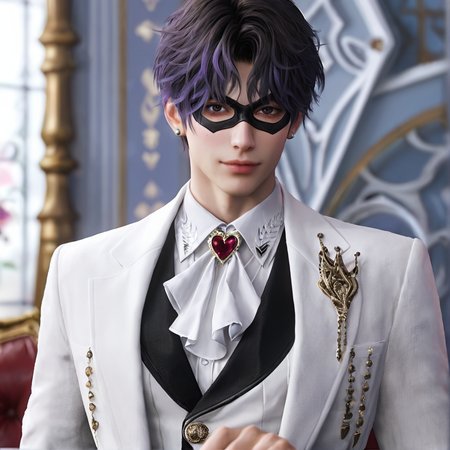 1boy,purple hair,black eyebrows,brown eyes,earring,(black domino mask:1.1),white jacket,(black patterns:1.1),grey vest,white ascot,heart pattern,white shirt,lapel pin,white pants,depth of field,gorgeous background,formal,indoors,looking at viewer,male focus,solo,masterpiece,best quality,high quality,detailed hair,detailed face,detailed skin,realistic,<lora:L&DsRafayel(ZQ)_v1.0:0.5>,