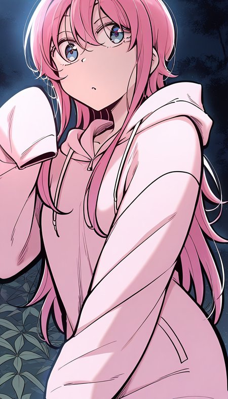 <lora:yushanshan:1>,yushanshan,1girl,long hair,pink hair,hair between eyes,blue eyes,pink hoodie, sleeves past wrists, long sleeves,, masterpiece,best quality,amazing quality,anime screenshot,