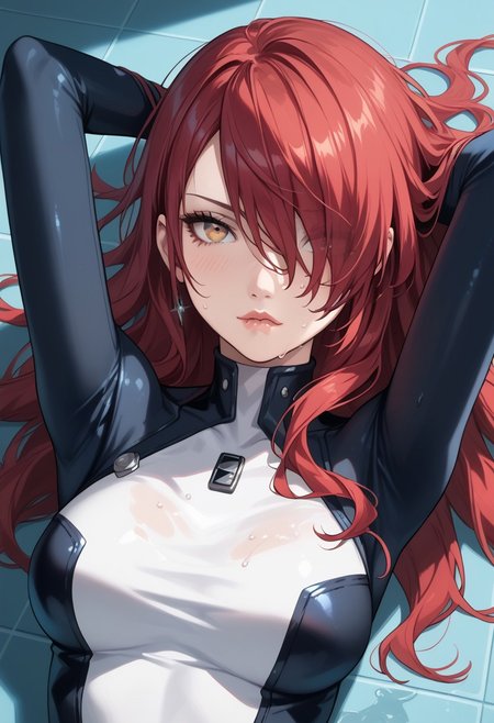 masterpiece,best quality, highly detailed, score_9, score_8_up, score_7_up, score_6_up, source_cartoon, p3mitsuru, kirijou mitsuru, long hair, red hair, hair over one eye,
 BREAK
 BREAK
1girl, close-up, chrome floor, space station, reflective floor, dim lighting, large breasts, wet skin, flushed cheeks, messy hair, sweaty, sensual expression, biting lip, detailed textures, glossy liquid, raw emotion, explicit focus, eye contact, erotic tension, intimate atmosphere, laying on floor, on back,, hair in face, looking at viewer, bodysuit, black bodysuit, arms behind head, upset, close-up, skin-tight, 
 BREAK
dynamic light, cold_light, vibrant colors cold_colors, soft focus, high contrast, textured surfaces, depth of field, rgb lighting, dramatic shadows, rich details, blue color palette, playful composition.
,dynamic angle,dynamic light,background,