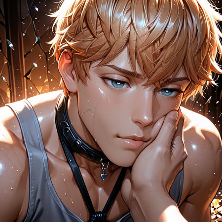 masterpiece, best quality, amazing quality, ultra-detailed, absurdres, highly detailed, cinematic lighting, realistic shading, intricate details, soft lighting, high contrast, depth of field, shiny skin, 1 boy, male focus, <lora:LoveProducer_Kiro:0.8> Love_Kiro, Love_Kiro_blond_short_hair, Love_Kiro_blue_eyes,  Slow, lingering gaze, half-lidded eyes radiating passion, lips barely touching in a moment of anticipation, flushed cheeks, soft glow reflecting in his pupils.,  Poses/BDSM GROK, Clothes/clothing_sensual, Angles/angles_3_4_body,  misty void with shards, Backgrounds/crazy effect backgrounds,  <lora:Style_4k-data_lora_webui:1.5>, <lora:nori31291404_Style_:0.33> noristyle, <lora:NoNameStyleVPRED10:0.33> nonamestyle, <lora:ppw_v7_Illuv1.0_1_r2:0.5>, <lora:Accelerater_ILL_PAseer:1>