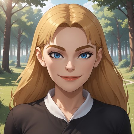score_9, score_8, BREAK, solo, mii, wii, wii sports resort, 1girl, female mii, cute, blonde hair, long hair, dark blonde eyebrows, black eyeshadow, blue eyes, lips, wide lips, black clothing, black pants, shoes, big breasts, Gabi_(\Wii_Sports_Resort\), white skin, Nintendo Mii, modern_mii, classic_mii, sexy pose, self portrait, smile, outdoors, sunlight, shadows, evening lighting, natural lighting, forest, trees, grass, orange sky, sunset