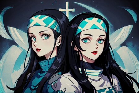 highly insanely detailed, masterpiece, top quality, best quality, highres, 4k, 8k, RAW photo, (very aesthetic, beautiful and aesthetic),  
beth_\(megami_tensei\),bethsmtii,shin megami tensei ii,long hair,black hair,straight hair,sleek black,jewelry,cross,headband,red_lipstick,Tokyo_Millennium,post-apocalyptic_city,dystopian_world,Arcadia,Utopian_district,demon-free_zone,false_paradise,Millennium_News_Network,City_news,propaganda_broadcasts,information_contro,Great_Cataclysm,World_ending_event,apocalyptic_disaster,city_rebirt, 
<lora:zs_Beth:0.7>, 
(1girl:1.3), 1other, 
(pure cyan background,transparent background:1.2),âââ