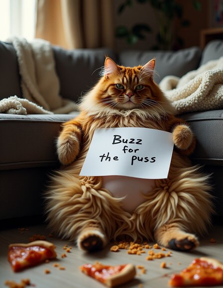 A cat with a long messy hair and long beard is lying on the couch, exposing his big belly, he doesn't care that his apartment is a mess, you slices of pizza  leftovers half eaten on the floor, his apartment is a real mess, he is holding a white paper saying "Buzz for the puss". There is garbage everywhere.