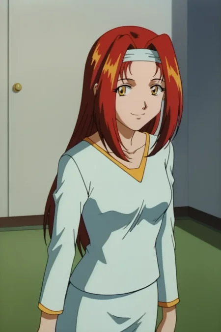score_9,  best, masterpiece, uncensored,
indoors,
1girl, solo, smile, 1990s (style), retro artstyle,
DWKojiJitsuko, RegOutfit, headband, light blue v-neck with pink accents, light blue pencil skirt,
yellow eyes,
<lora:DWKojiJitsuko:0.8>​​​