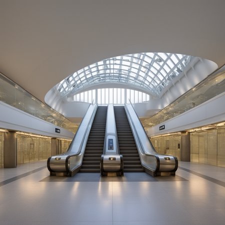 <lora:JJsMetroStation_XL:1>, ((Metro Station)),building,masterpiece , best quality, soft lighting, high quality, indoors,  building, scenery,real world location, sign, sunlight, sky, daytime,  enough detail, high resolution, super realistic, Photorealistic, highly detailed,reflection,glass,  esclator, hall way, curvy ceiling, reflection floor, stairs,