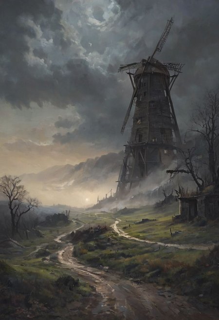 The image presents a dark and ominous nightscape. On a desolate hilltop, a dilapidated windmill looms against the pitch-black sky. The windmill's broken blades creak as they slowly turn, their shadowy outlines starkly contrasting against the dim light of a crescent moon. The moonlight casts eerie shadows across the rocky terrain, creating a sense of foreboding. The hill is barren, with only a few gnarled, leafless trees standing as grim sentinels. In the foreground, the remnants of an overgrown path lead to the windmill, but it seems long abandoned. The overall atmosphere is heavy with suspense, as if something sinister lurks in the darkness. A low mist rolls across the hill, further obscuring the landscape and adding to the sense of impending doom. This scene evokes a feeling of isolation and unease, with the windmill as a haunting symbol against the dark, moonlit night.romantic impressionism, dream scenery art, beautiful oil matte painting, romantic, style of thomas kinkade, beautiful digital painting, anime landscape, romantic painting, thomas kinkade style painting, dreamlike digital painting, colorful painting, beautiful gorgeous digital art, style thomas kinkade