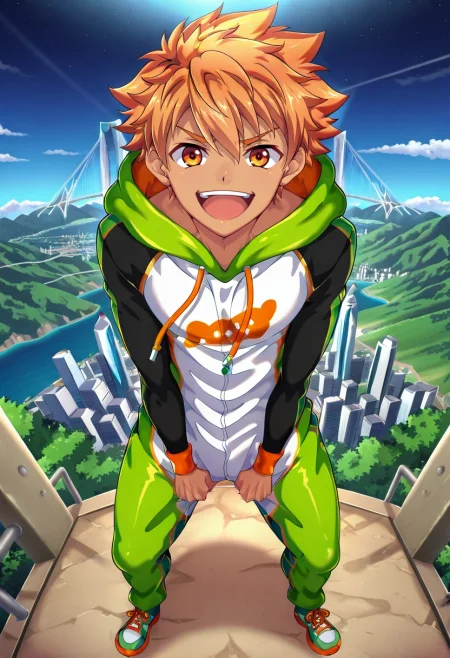 masterpiece, best quality, intricate details, anime screencap, , , looking at viewer, , 1boy, solo, male focus, <lora:jirou_camp_buddy_ilxl:0.98>, jirou_camp_buddy, orange hair, orange eyes, , symmetry, niagara falls, midnight, standing, laughing, geek costume